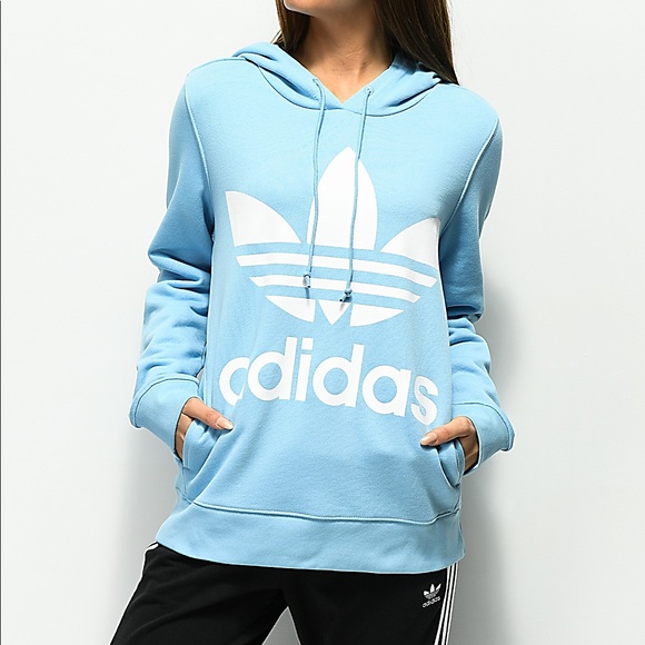 Adidas trefoil logo light blue hoodie Clearance